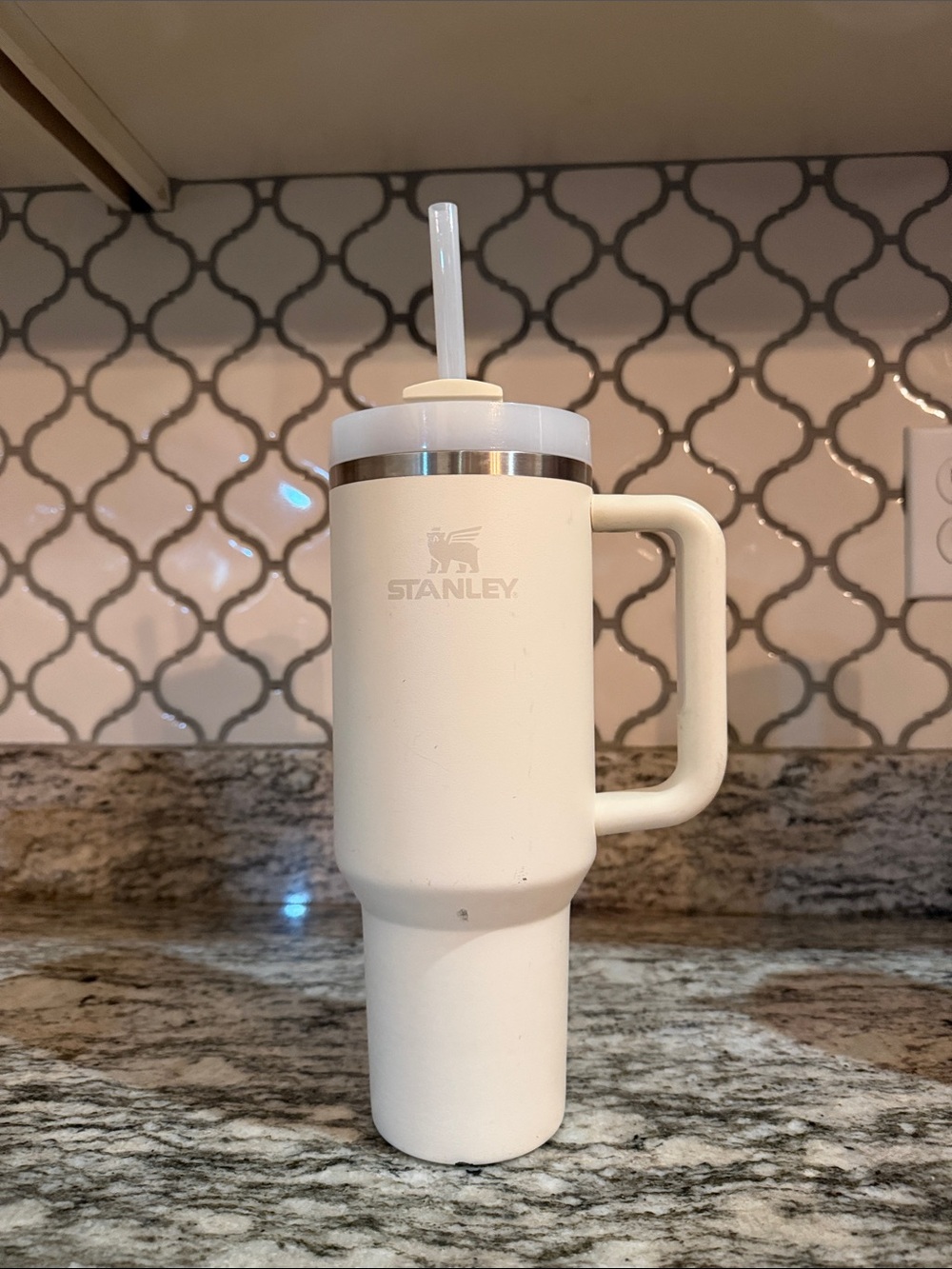 Stanley Cream Insulated Travel Cup with Handle and Straw